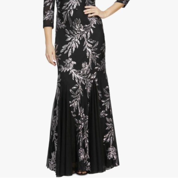 Alex Evenings Black and Silver Gown with Cuffed Sleeves - Picture 2 of 6